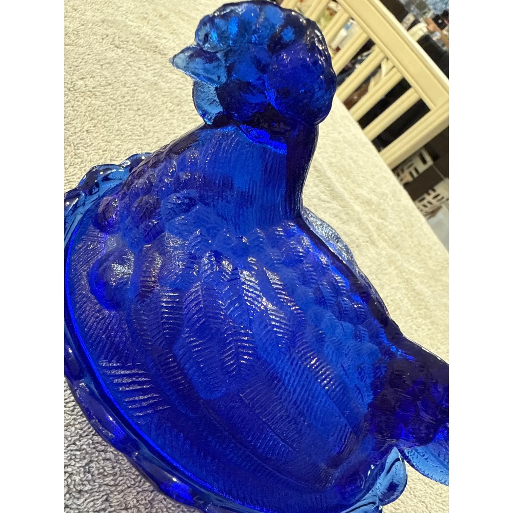 Cobalt Blue Glass Hen on Nest Candy Dish Vintage Style Farmhouse Decor 5.5 inch